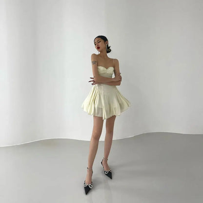 Spaghetti Strap Ruched Sweetheart Drop Waist Tiered Ruffle Mini Dress
