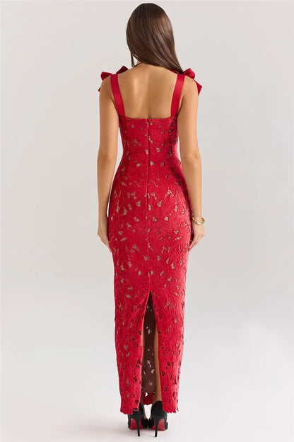 Square Neck Large Bow Shoulder Floral Lace Column Maxi Gown
