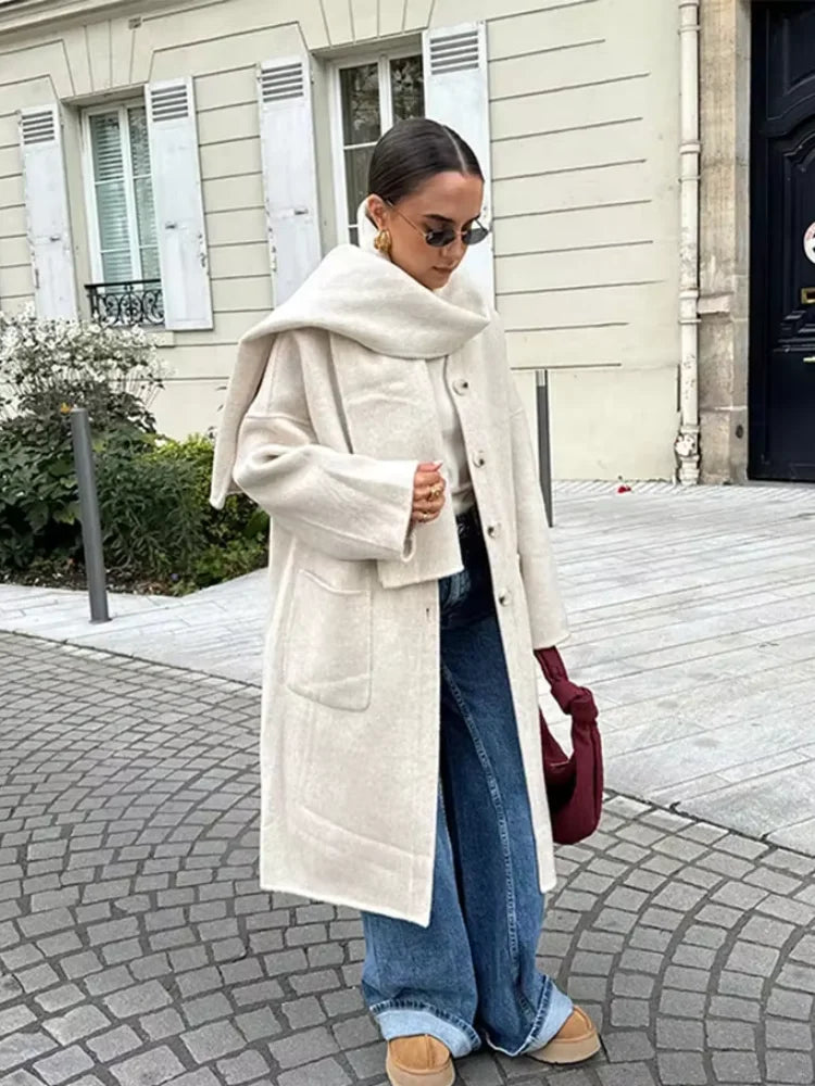Elegant Autumn Winter Women Scarf Wool Overcoat Fashion Long Sleeve Solid Single Breasted Lady Coats New Daily Chic Outwear
