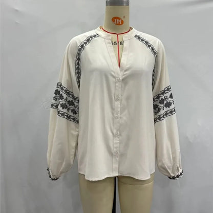 Women's Solid Embroidered Blouse 2024 Summer New V-neck Single Breasted Long Sleeve Blouses Female Elegant Casual Shirts Tops