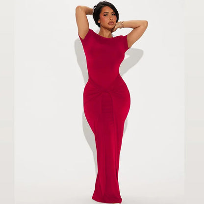 Twist Front Knot Crew Neck Short Sleeve Ruched Bodycon Maxi Dress