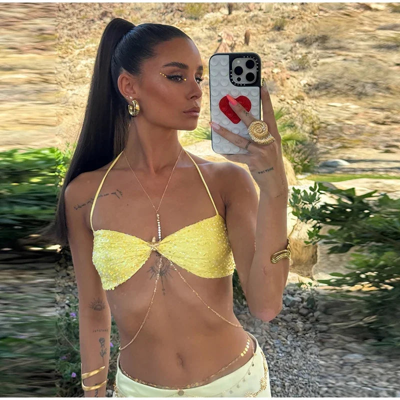 Sexy Sequined Bikini Top Skirt Sets Women Halter Lace Up Backless Crop Top Hip Package Long Skirts 2025 Summer Lady Beach Suits