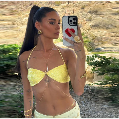Sexy Sequined Bikini Top Skirt Sets Women Halter Lace Up Backless Crop Top Hip Package Long Skirts 2025 Summer Lady Beach Suits