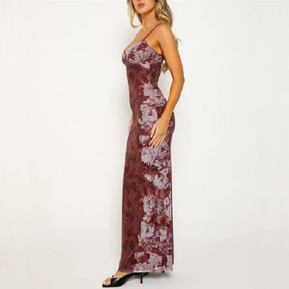 Large Floral Print Spaghetti Strap Deep V-Neck Bodycon Maxi Dress
