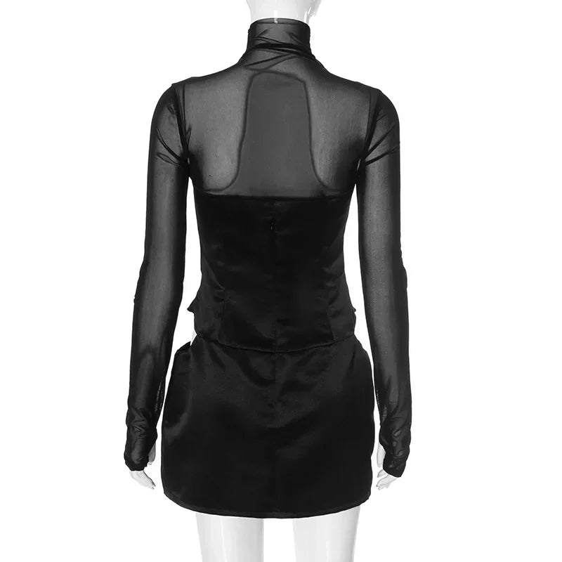 Sexy Cut Out Black Sheer Mesh Turtleneck Women Club Dresses 2025 Summer Fashion Patchwork Long Sleeve Y2K Dress Bodycon Mini