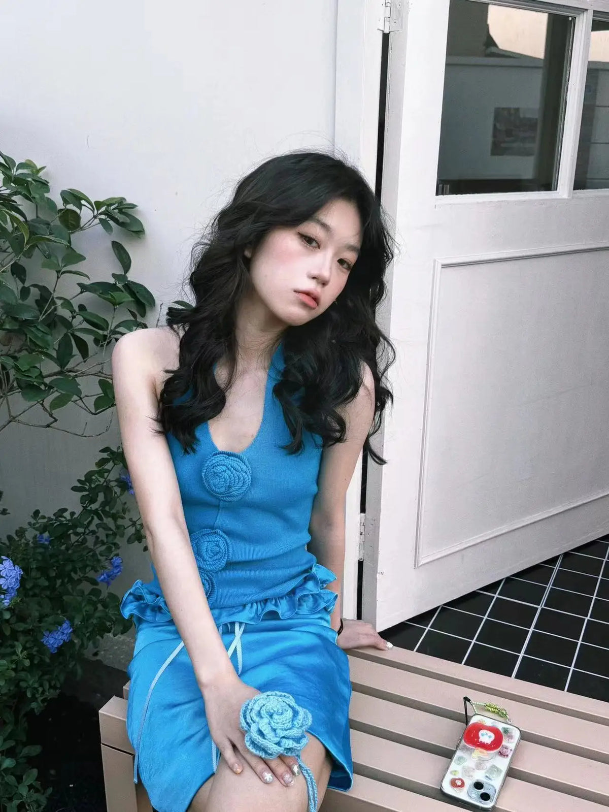 Women Blue Skirt Sets Vintage Mini Skirt and Off Shoulder Crop Top Y2k Elegant Suit 2000s New Matching Sets Clothes 2024 Summer
