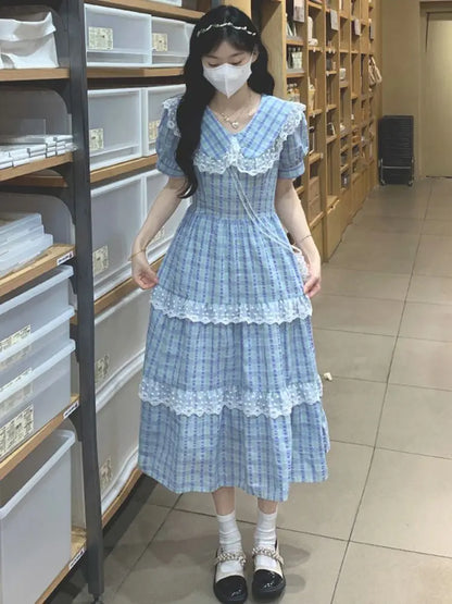 Dress Plaid Doll Collar Waist Sweet Knee-Length 2024 New Women'S Summer French First Love Gentle Style Long Skirt