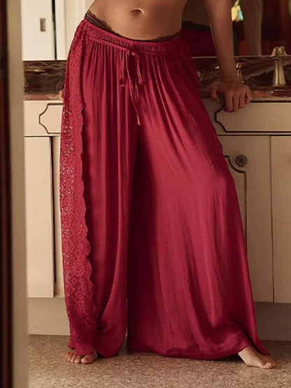 Casual Women's Solid Hollow Lace Patchwork Long Pants Loose Tie Up Wide Leg Trousers Spring Summer Holiday Beach Pant