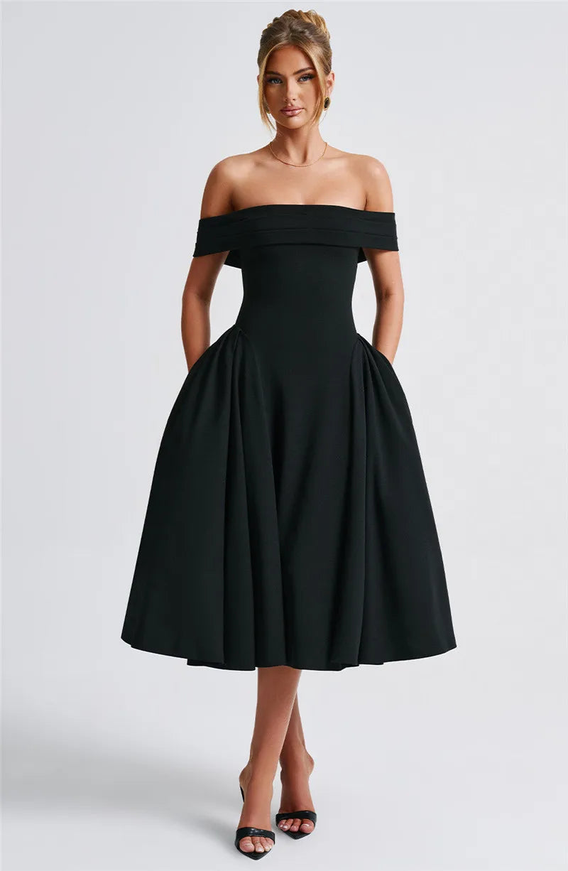 Off-Shoulder Folded Band Box Pleat Flare Midi Dress