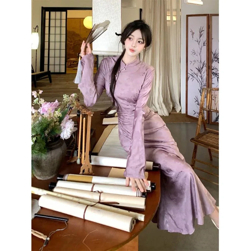New Chinese Style Folding Stand Collar Dress Autumn Waist-lifting Modified Cheongsam Women's Temperament Long Dresses