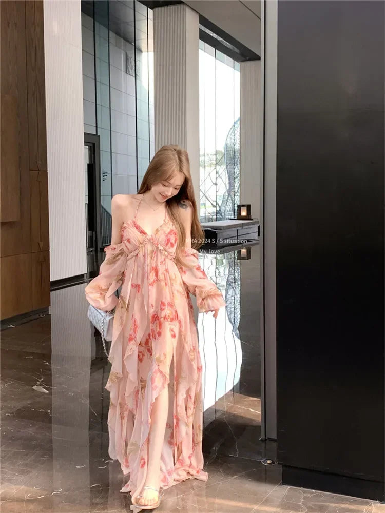 Summer Fashion High Split Irregular Long Holiday Chiffon Dress Women Backless Halter Off Shoulder Floral Print Beach Fairy Dress