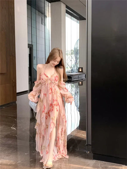Summer Fashion High Split Irregular Long Holiday Chiffon Dress Women Backless Halter Off Shoulder Floral Print Beach Fairy Dress