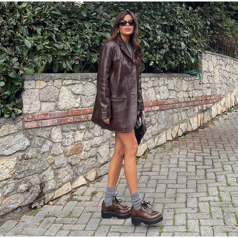 Women's PU Leather Jackets Casual Turn Down Collar Long Sleeve Single Breasted Pockets Loose Female Motorcycle Coat Lady Outwear