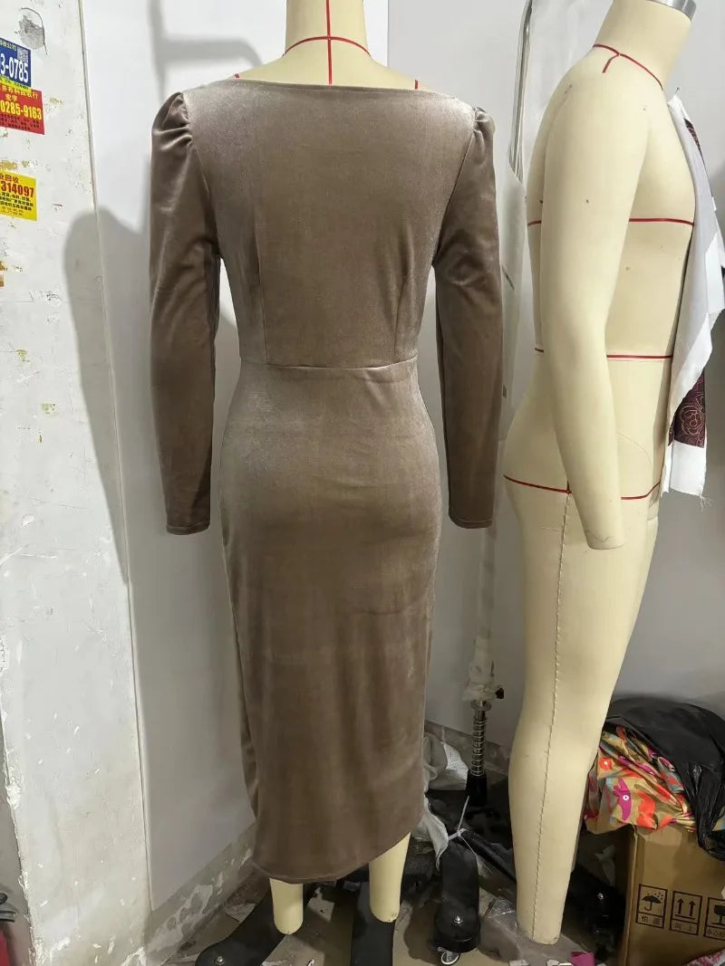 Women Elegant Metal Buckle Ruched Asymmetrical Velvet Dress Sexy Swinging Collar Full Sleeve Bodycon Slit Party Long Robe