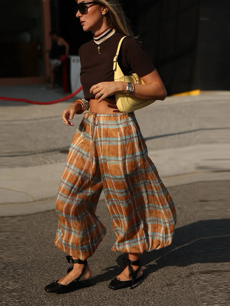 Retro Plaid Loose Jogger Pant Women Chic Casual Drawstring Long Pants Female 2025 Autumn Versatile Fashion Street Trousers