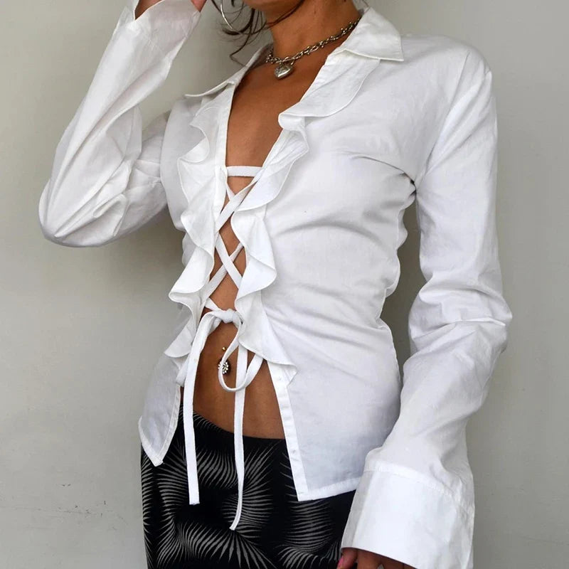 Ruffles Bandage Blouses Sexy Long Sleeve Slim Fit Casual Women Shirts Elegant Designed All-matched White Autumn Blouses