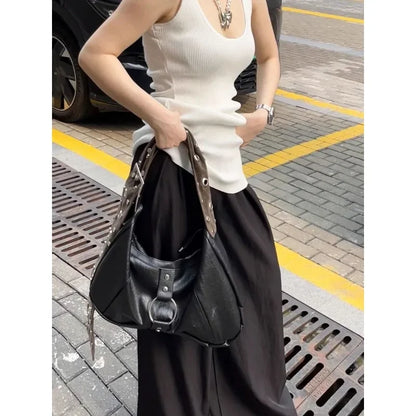 Y2k Punk Black Large Capacity Tote Bag Women Vintage Commuting Korean Trendy Shoulder Bag Motorcycle Designer Crossbody Bag