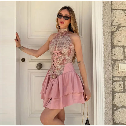 Elegant Bandage Patchwork Short Women's Summer Dress Waist Cinched Halter Sleeveless Backless Dresses Lady Party Vestidoes