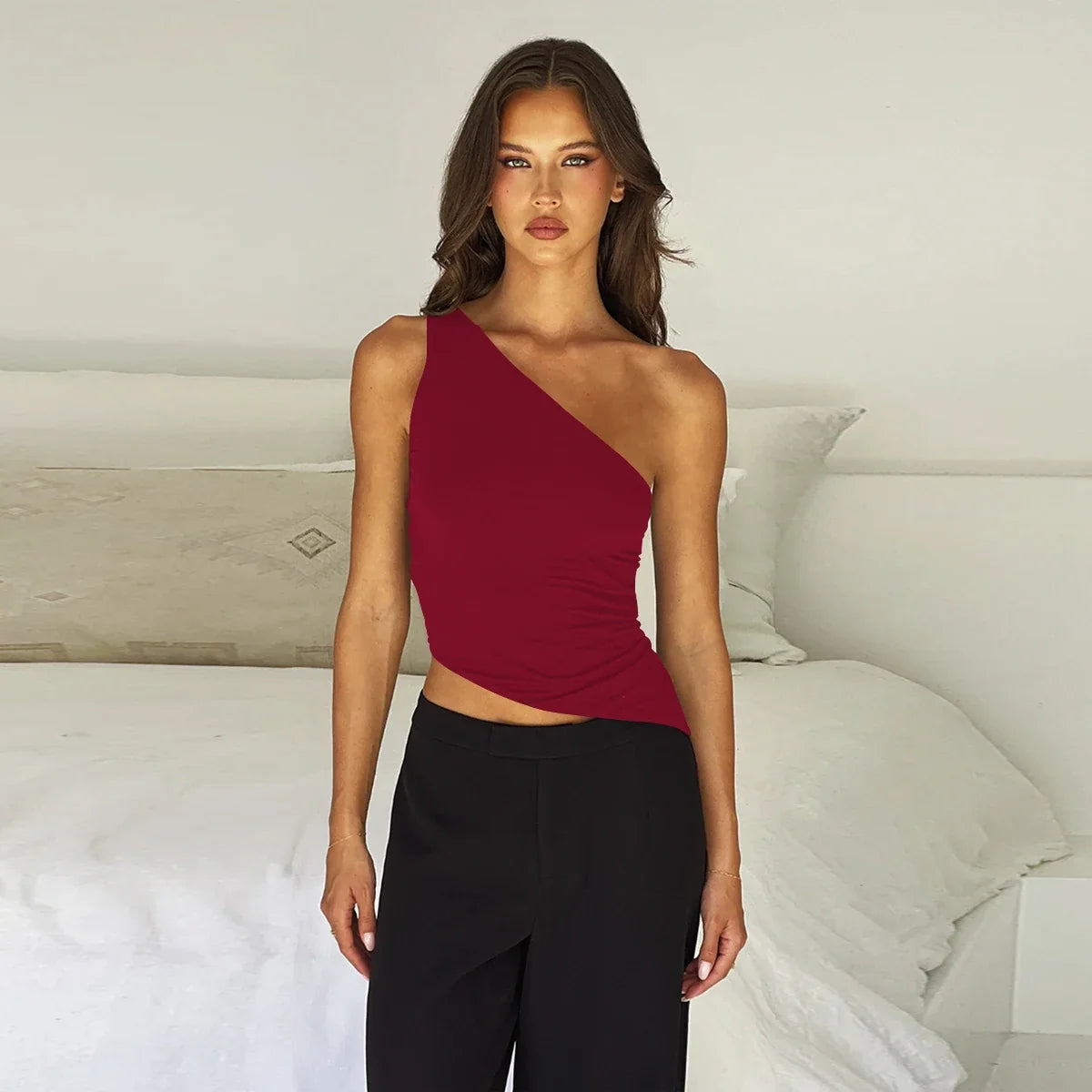 One Shoulder Lace Up Mesh Sheer Top
