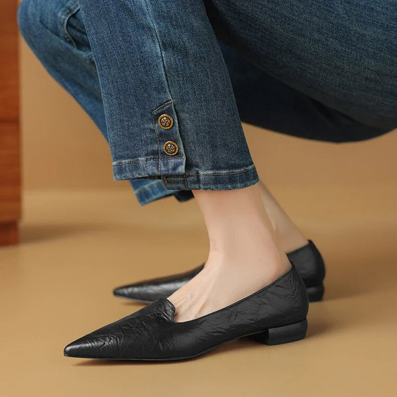 NEW Spring/Autumn Women Pumps Split Leather Shoes for Women Pointed Toe Chunky Heel Shoes Concise Black Slip-on Handmade Shoes