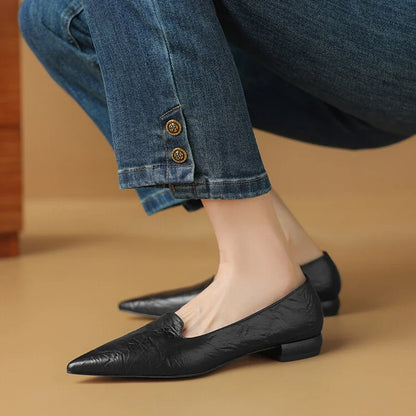 NEW Spring/Autumn Women Pumps Split Leather Shoes for Women Pointed Toe Chunky Heel Shoes Concise Black Slip-on Handmade Shoes