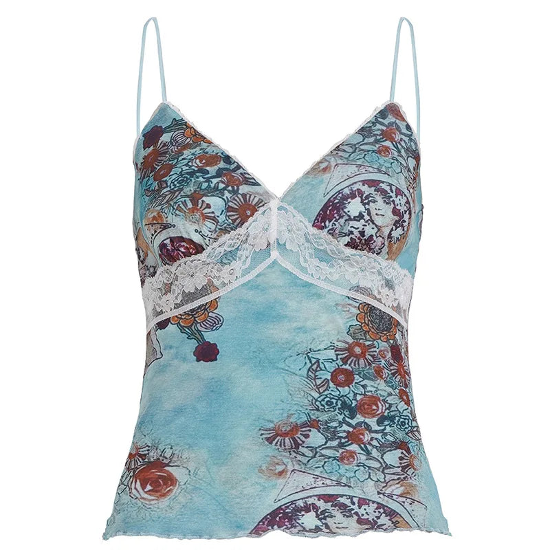 New Summer Women's Cami Sexy Floral Printed V Neck Lace Splicing Tank Slim Fit Casual Beach Holiday Sleeveless Top
