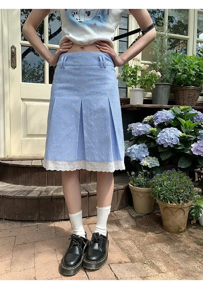 Elegant Skirts Women Floral Printed Plaid Lace Patchwork Spring Summer Sweet Vintage Fashion Female Skirt Casual