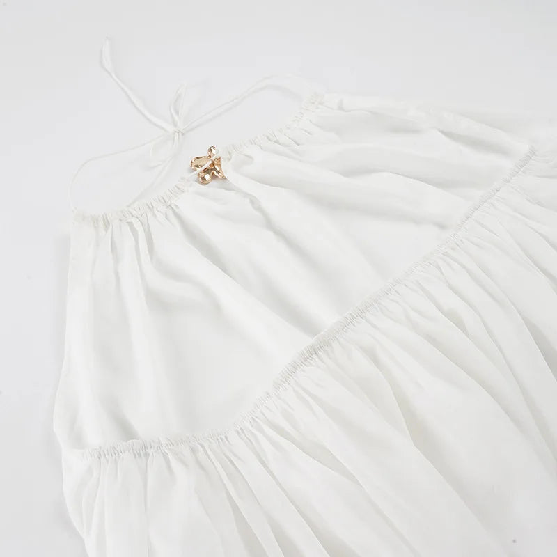 Sexy Beach Party Chiffon Dress Women Elegant White 3d Floral Metal Halter Sleeveless Backless A Line Short Summer Dress