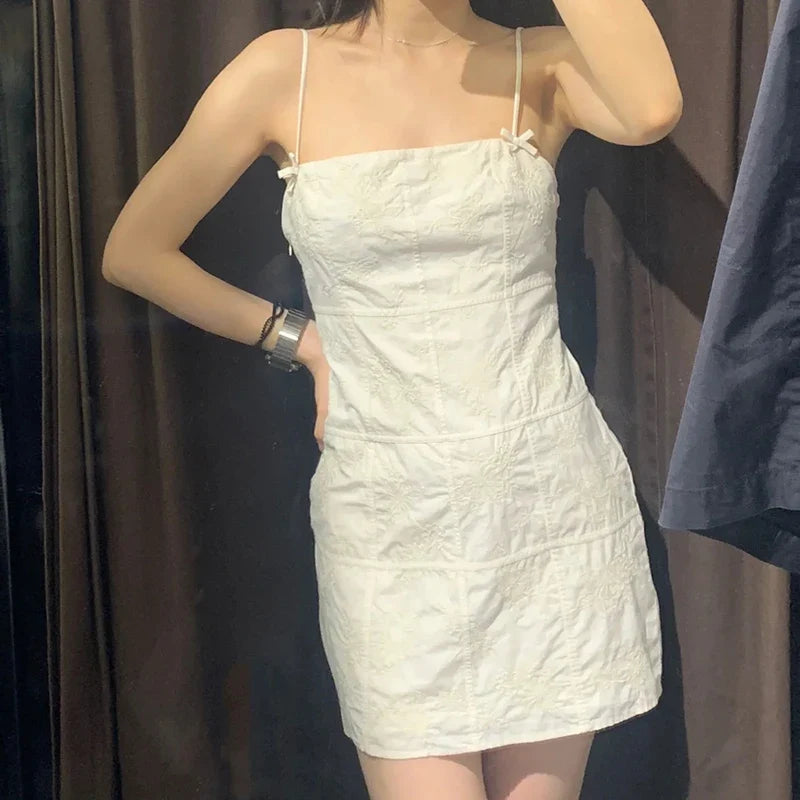 Solid Beige Plaid Embroidery Short Dress Sleeveless Sqaure Collar Casual Bow Women Dress Sweet Chic Summer Vestidos