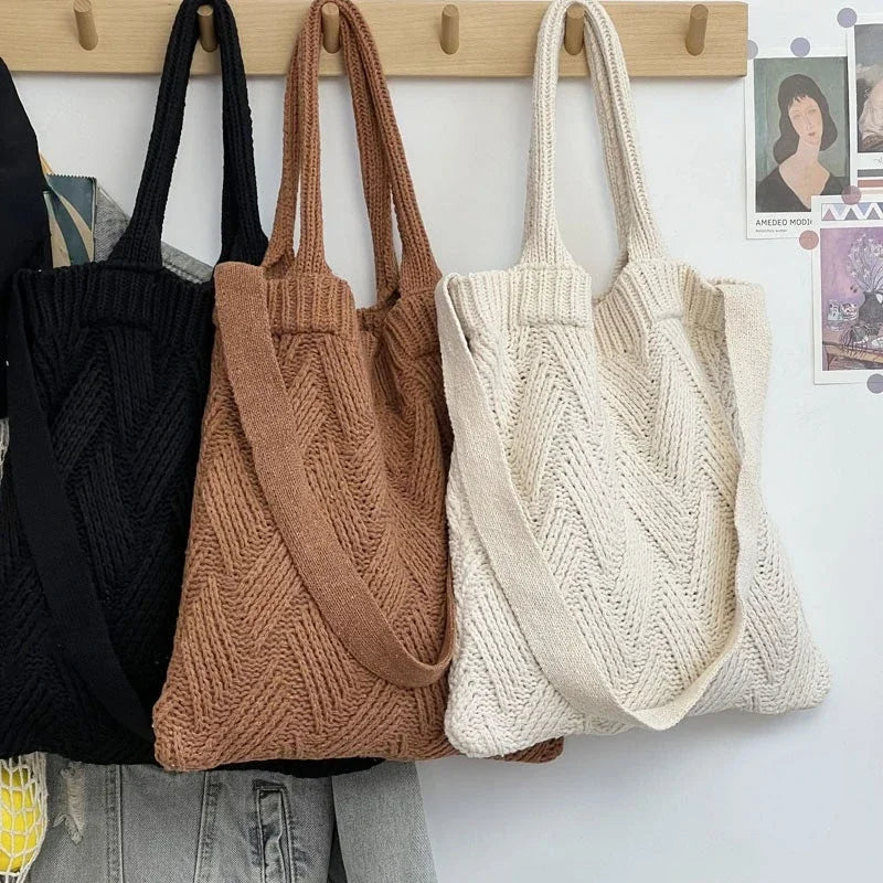 Grunge Vintage Knitted Solid Shoulder Bag Simple All Match Y2k Aesthetic Tote Japanese Cute High-capacity Crossbody Handbags