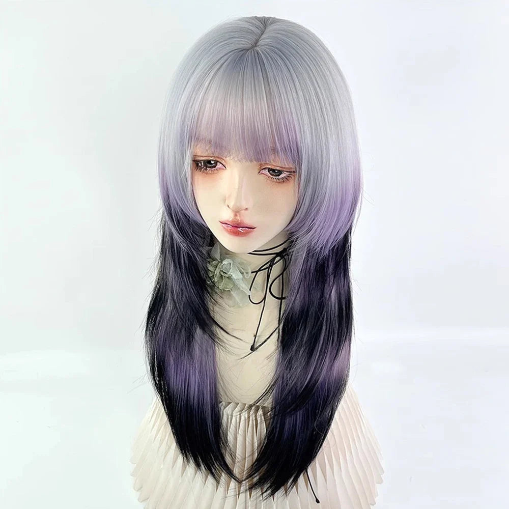 Grey Ombre Purple Black Jellyfish Head Wig Long Straight Synthetic Women Fluffy Lolita Cosplay Wig for Daily Party