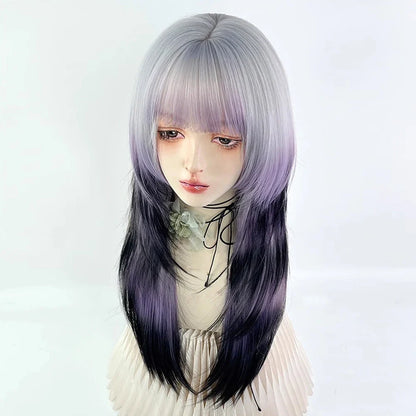 Grey Ombre Purple Black Jellyfish Head Wig Long Straight Synthetic Women Fluffy Lolita Cosplay Wig for Daily Party