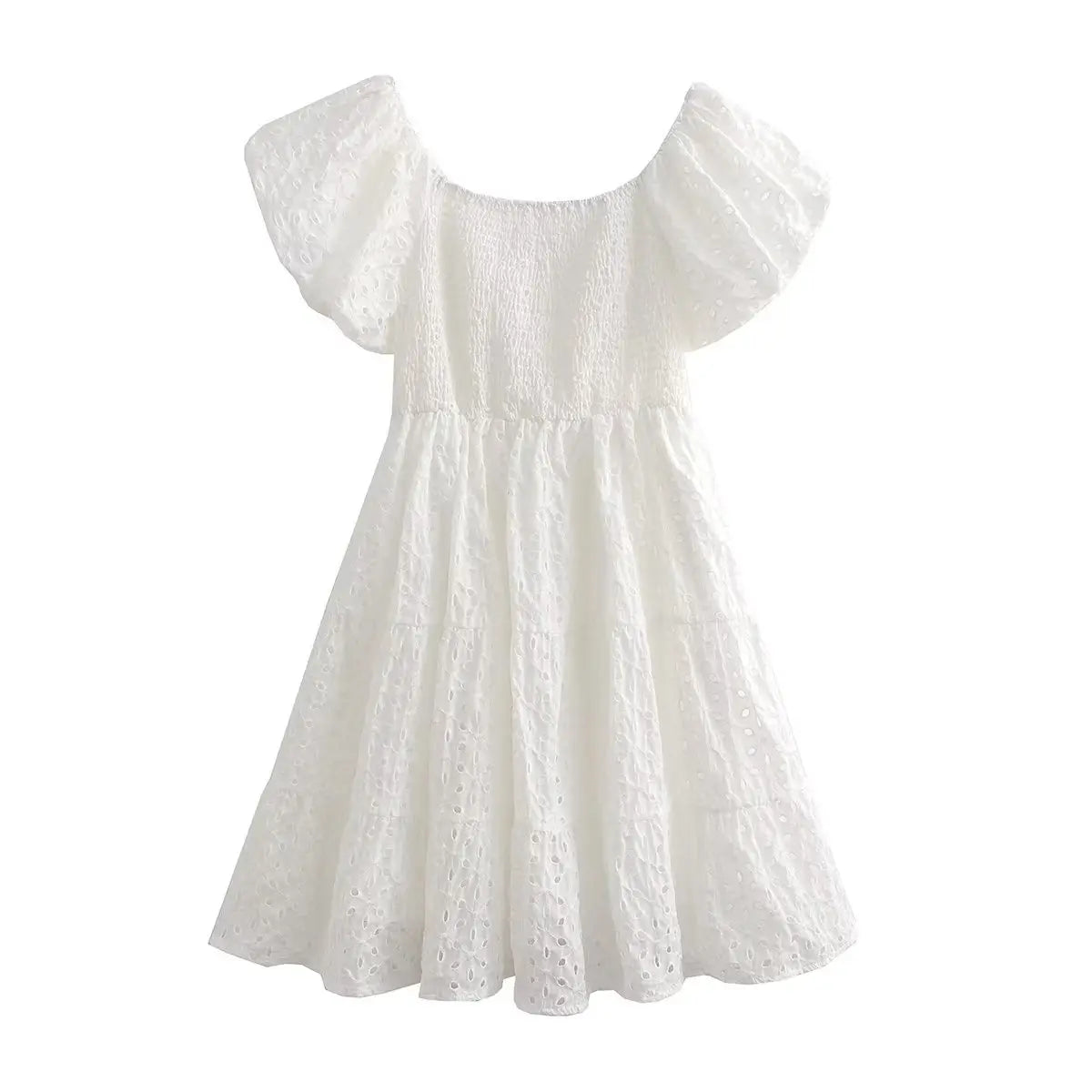 White Floral Embroidery Lace Mini Dresses for Women Off Shoulder Puff Sleeve Shirred Chest Short Dress Summer Boho Beach