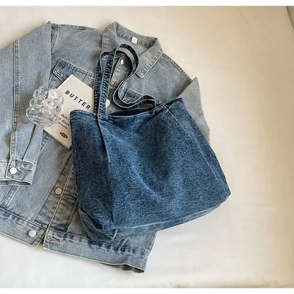 Large Capacity Denim Single Shoulder Bag New Fashion Versatile Tote Retro Commuting Casual Bags
