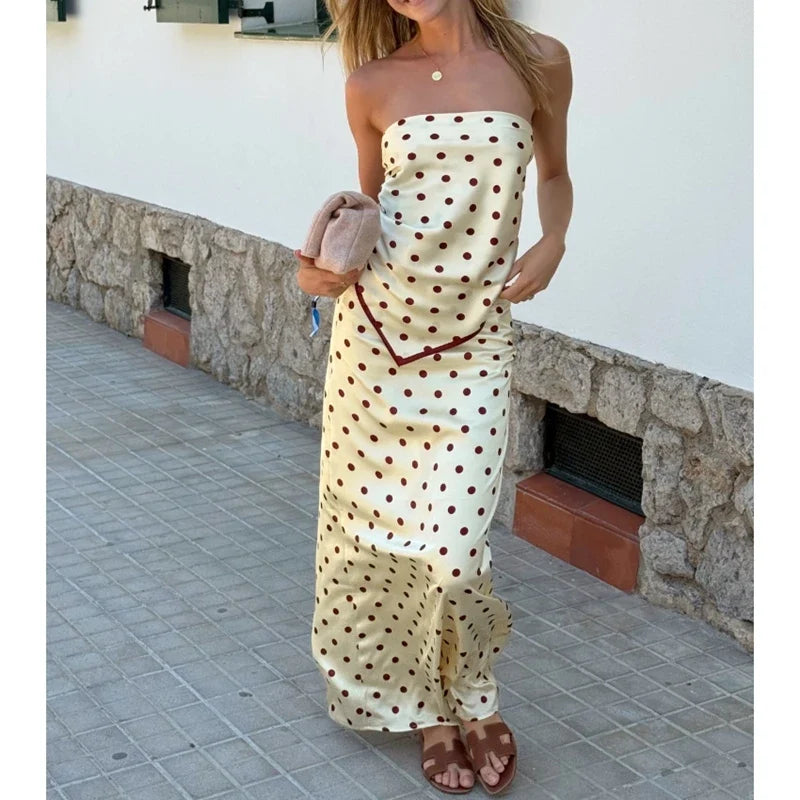 Women Satin 2Piece Skirt Sets Summer Trendy Polka Dot Outfit Y2k Strapless Tube Top + Maxi Skirt Silky Going Out Set
