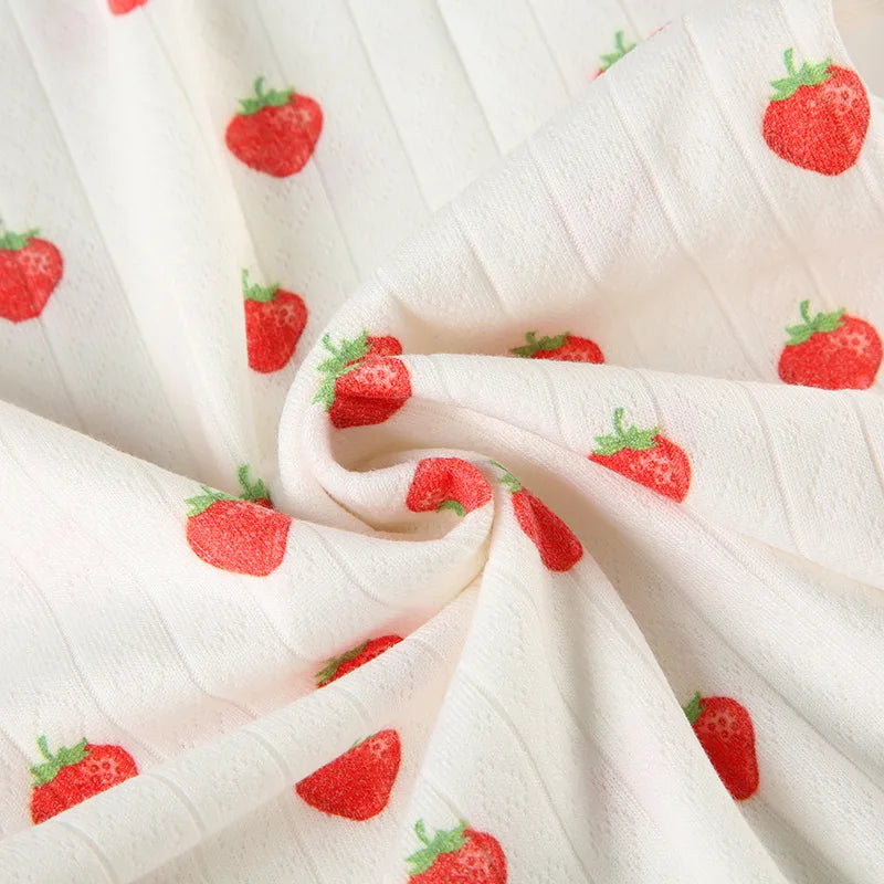 Strawberry Print Eyelet Two-piece Set Women Summer Sleeveless Slim Camis+Drawstring Pants Sets Home Cozy Sweet Casual Pajamas