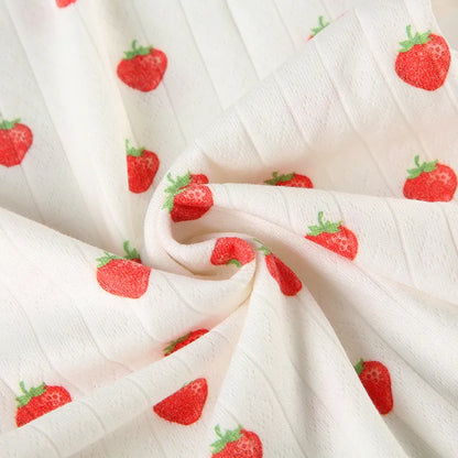 Strawberry Print Eyelet Two-piece Set Women Summer Sleeveless Slim Camis+Drawstring Pants Sets Home Cozy Sweet Casual Pajamas