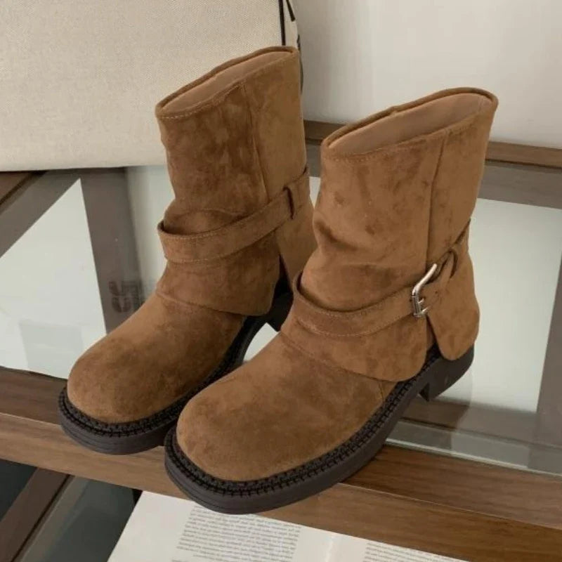 Fashion Metal Buckle Decoration Design Ankle Boots Women High Quality Retro Faux Suede Boots Comfortable Non-Slip Platform Boots