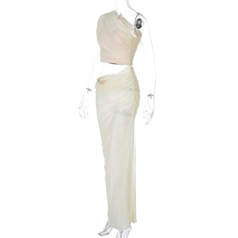 One Shoulder Mesh Draped Crop Top High Slit Maxi Skirt Set