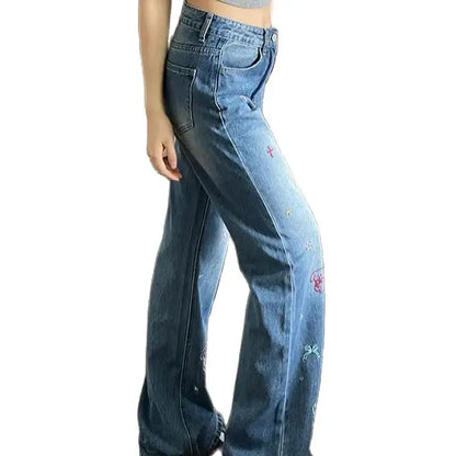 Jeans Puppy Embroidery High Waist Small Retro Design Women'S Summer Straight Slim Loose Wide Leg Pants Trendy
