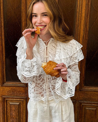 New lace see through double-layer ruffle collar shirt with stylish and stylish design
