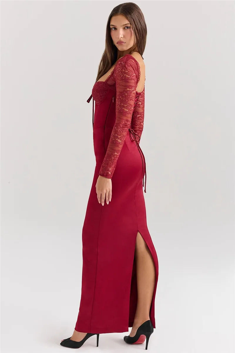 Square Neck Lace-Up Backless Long Sleeve Maxi Dress