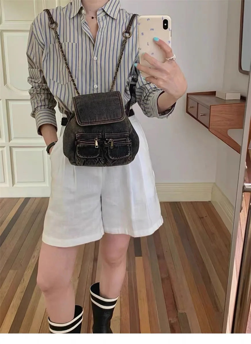 New Retro Washed Denim Backpacks Causal Multifunctional Chain Bag Women's Backpack