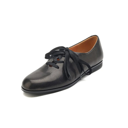 Women Basic Flats Real Leather Comfort Flats Round Toe Woman Lace-Up Daily Flats British Style Cowhide Retro Oxfords