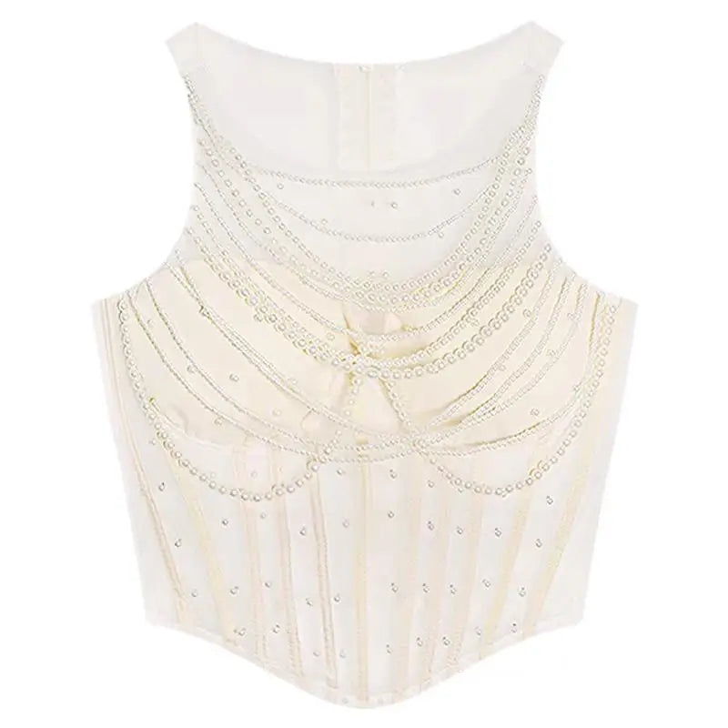 Women's Elegant Pearls O Neck Corset Tank Top Lady High Street Sexy See Throught Slim Tank Top