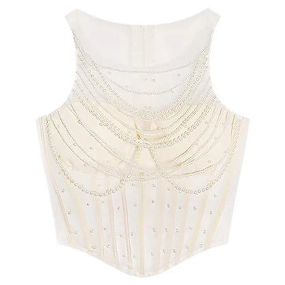 Women's Elegant Pearls O Neck Corset Tank Top Lady High Street Sexy See Throught Slim Tank Top