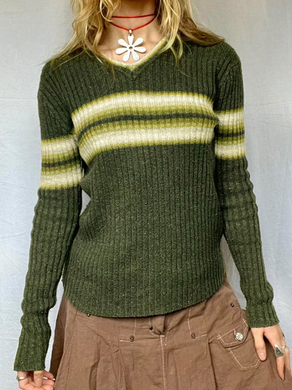 Casual Striped Knitted Sweater Basic V-Neck Long Sleeve Pullovers Women Autumn Winter Fashion Streetwear Ladies