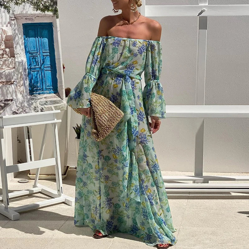 Elegant Draped Pleat Maxi Dress Elegant Bohe Flare Sleeve Female Dress Lady One Shoulder Lace-up Chiffon Vocation Dress