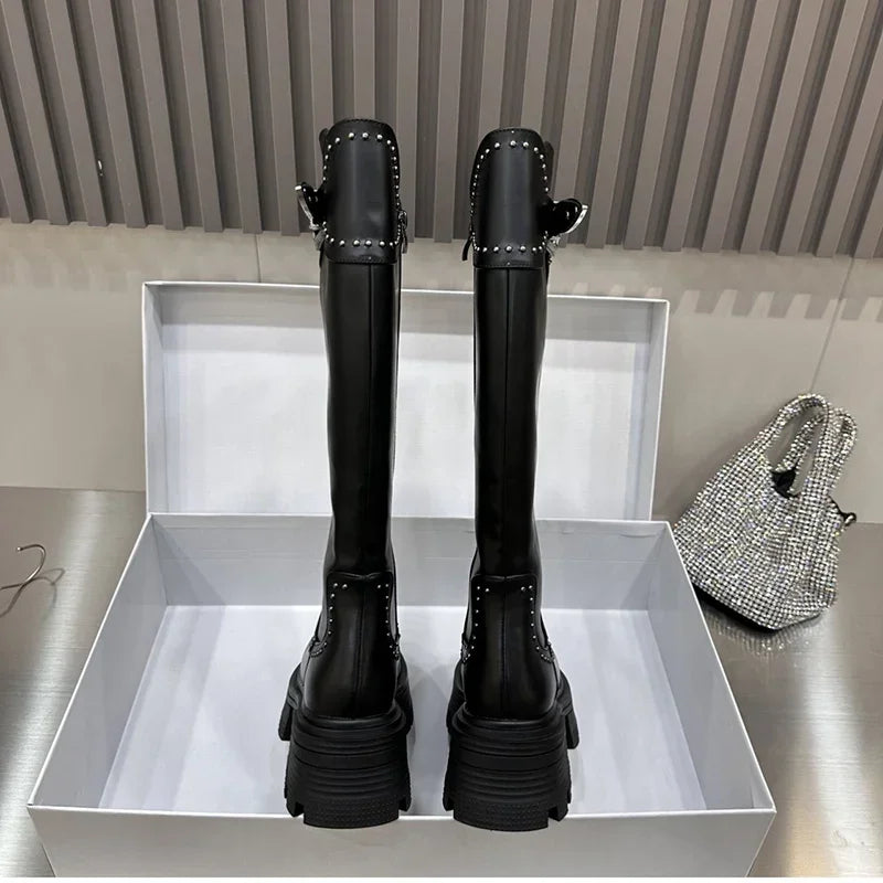 Platform Punk Women's Long Boots Fashion Back Zippers Knee High Botas Ladies Elegant Thick Bottom Shoes Winter Women's Footwear