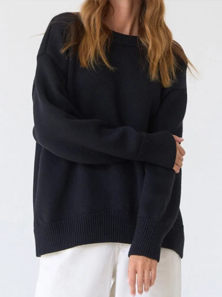 Solid Thicken Knitted Sweaters Women Loose O-neck Long Sleeve Female Pullovers Autumn Winter Fashion New Chic Lady Outwears
